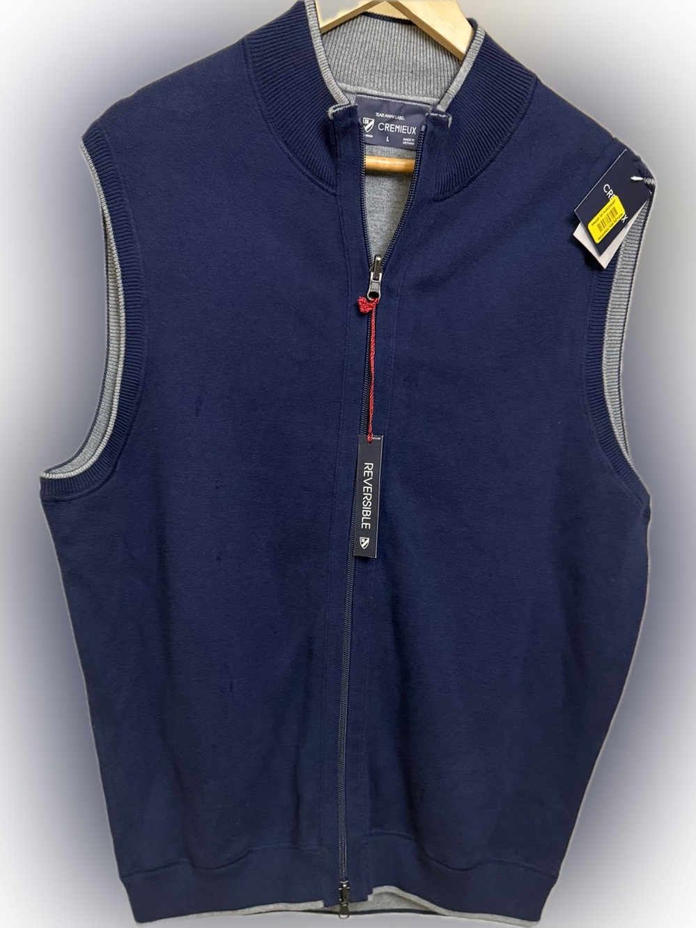 Cremieux Men's Reversible Full Zip Peacoat Blue/Gray Preppy Sweater Vest Size L